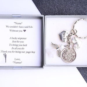 Llavero de seis peniques de la suerte para paje, regalo de boda, agradecimiento