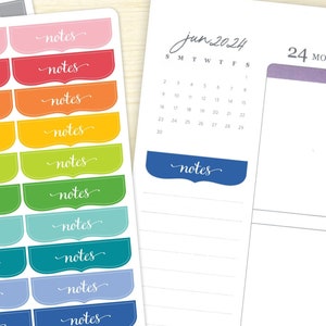 May include: A set of 18 colorful "notes" stickers with rounded corners and a white outline. The stickers are arranged in a rainbow pattern, with each color repeated three times. The stickers are designed for use in vertical planners.
