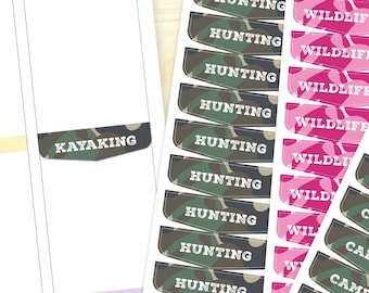 Camo Planner Header Stickers - outdoor activities, pink camo, hiking, hunting, fishing, camping, kayaking, RVing, foraging stickers