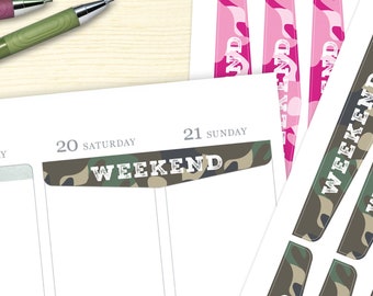 12 Weekend Stickers, camo print weekend banner, planner stickers for Erin Condren Vertical 7x9, pink camo, outdoors camping weekend header