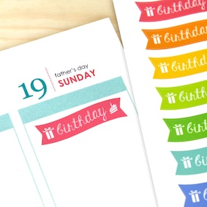 May include: A sheet of colorful birthday stickers with the text "birthday" and a small gift box and cake icon on each sticker.