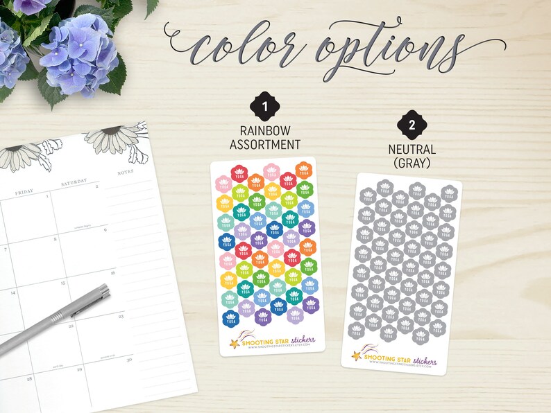 May include: Two sticker sheets with floral designs, labeled "Rainbow Assortment" and "Neutral (Gray)". The rainbow stickers feature a variety of colors, while the gray stickers have a monochromatic design. The text "color options" is at the top.