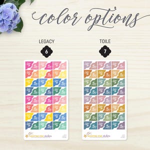 May include: Two sticker sheets with the text "color options". The "Legacy" sheet features colorful stickers, while the "Toile" sheet has muted tones. Each sticker has a stylized design and the words "Shooting Star Stickers".