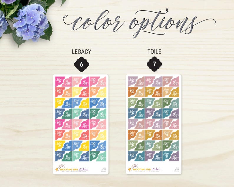 May include: Two sticker sheets with the text "color options". The "Legacy" sheet features colorful stickers, while the "Toile" sheet has muted tones. Each sticker has a stylized design and the words "Shooting Star Stickers".
