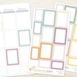 May include: Planner stickers with scalloped frames in pastel colors, including lavender, blue, and yellow. The stickers are arranged on sheets and placed on a planner page. The text "SHOOTING STAR stickers" is visible on the sticker sheets.