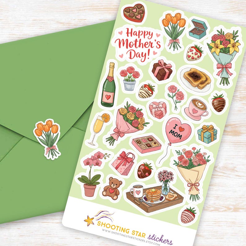 May include: A sheet of colourful stickers featuring illustrations of flowers, chocolates, champagne, breakfast, and other Mother's Day themed designs. The sheet includes the text "Happy Mother's Day!" and "Shooting Star Stickers".