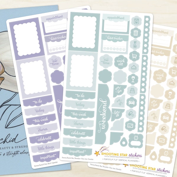 Weekly Planner Sticker Set - for 2024 ECLP Harmony Neutral / Flora vertical 7x9, header, corner, boxes, icons, checklist assortment