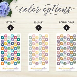May include: Three sticker sheets with airplane designs in various colour palettes: Hexagon, Bouquet, and Bold Blooms. The text "color options" is written in cursive. Each sheet has a different colour scheme, including blue, green, orange, and purple. Stickers are from Shooting Star Stickers.