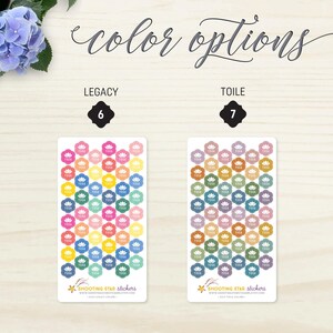May include: Two sticker sheets with hexagonal stickers in two color options: Legacy and Toile. The Legacy stickers are a mix of pink, yellow, blue, and orange. The Toile stickers are in muted earth tones. The text "color options" is at the top.