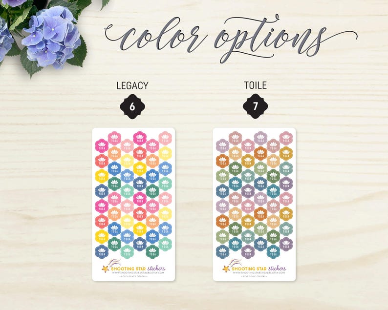 May include: Two sticker sheets with hexagonal stickers in two color options: Legacy and Toile. The Legacy stickers are a mix of pink, yellow, blue, and orange. The Toile stickers are in muted earth tones. The text "color options" is at the top.