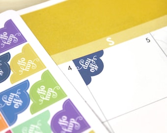 48 pegatinas para agenda de "Day Off Corner", recordatorios festoneados, seguimiento de vacaciones, día personal, programación laboral, colores ECLP 2025-2026