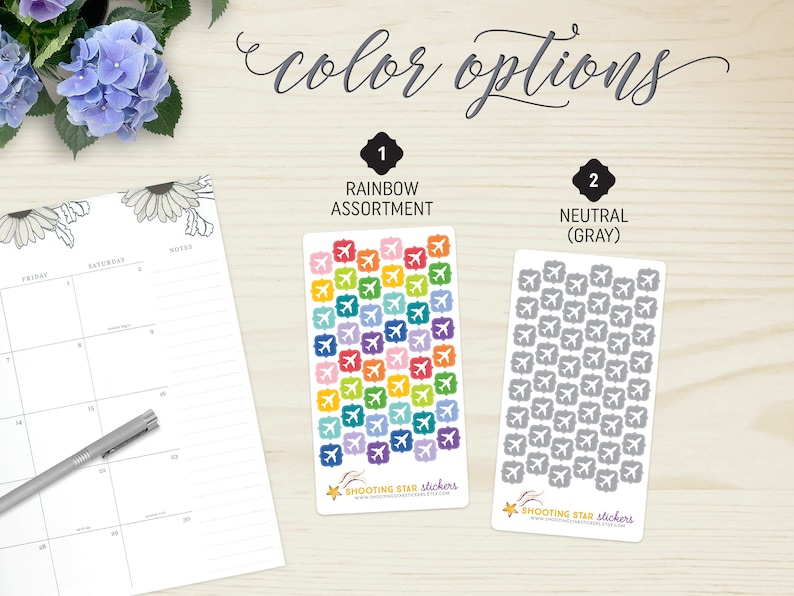 May include: Two sticker sheets with airplane designs. One sheet features a rainbow assortment of colourful airplanes, while the other displays neutral grey airplanes. The text "color options" is at the top. The stickers are from "Shooting Star Stickers".