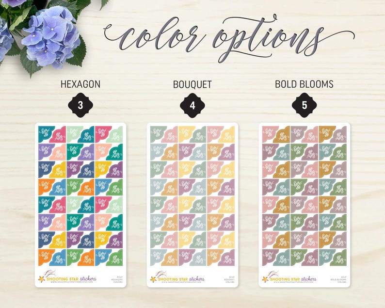 May include: Three sticker sheets with different color options: Hexagon, Bouquet, and Bold Blooms. Each sheet features a grid of stickers with a repeating design. The text "color options" is written in cursive. The stickers are from Shooting Star Stickers.