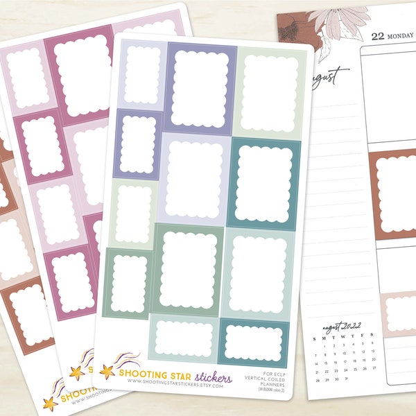 Planner Boxes Sticker Set - for ECLP Vertical 7x9 - 2022 In Bloom colors, full and half box set - scalloped border, frame boxes, neutral