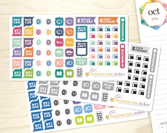 Car Maintenance Planner Set - car icon set, rotate tire, oil, gas, wipers, battery, wash car reminder, 2025-2026 ECLP Hexagon Bouquet colors