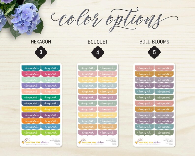 May include: Three sticker sheets labeled "Hexagon," "Bouquet," and "Bold Blooms" with the word "homework" on each. Each sheet has a different color scheme. The text "color options" is written in cursive at the top.