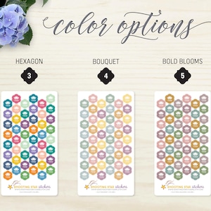 May include: Three sticker sheets with hexagon-shaped designs in various color palettes: Hexagon, Bouquet, and Bold Blooms. Each sheet features multiple stickers with a floral design and the word "YOGA". The text "color options" is at the top.