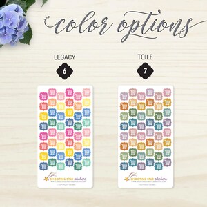 May include: Two rectangular sticker sheets featuring shopping cart icons in different colours. The top of the image reads "color options". The left sheet is labelled "LEGACY" and the right sheet is labelled "TOILE". The stickers are from "SHOOTING STAR stickers".