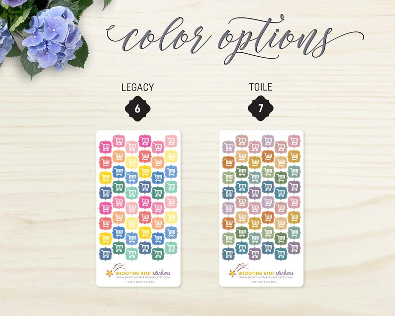 May include: Two rectangular sticker sheets featuring shopping cart icons in different colours. The top of the image reads "color options". The left sheet is labelled "LEGACY" and the right sheet is labelled "TOILE". The stickers are from "SHOOTING STAR stickers".