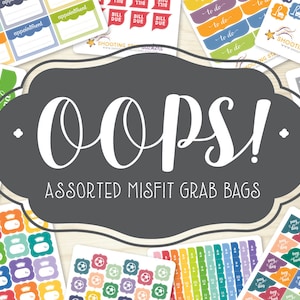 May include: A collection of assorted misfit grab bags of stickers. The bags contain a variety of colorful stickers with different designs, including appointments, bills due, to-do lists, weekend, and soccer balls.