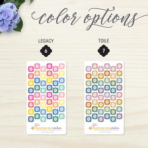 May include: Two sticker sheets with the text "color options". The "LEGACY" sheet has colorful stickers, while the "TOILE" sheet has muted-tone stickers. Each sticker has a decorative border and the number "0" in the center.
