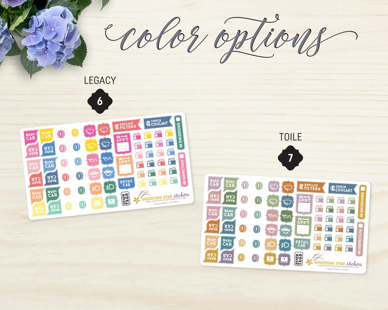 K&ouml;nnte beinhalten: Zwei Stickerb&ouml;gen mit Icons und Texten zum Thema Auto, beschriftet mit "Legacy" und "Toile". Der Text "color options" befindet sich &uuml;ber den B&ouml;gen. Die Sticker enthalten Icons f&uuml;r Waschen, Detail und Wartung.