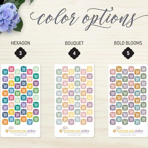 May include: Three sticker sheets featuring shopping cart designs in different colour schemes. The sheets are labelled "Hexagon," "Bouquet," and "Bold Blooms." The text "color options" is at the top. Stickers are from "Shooting Star Stickers."