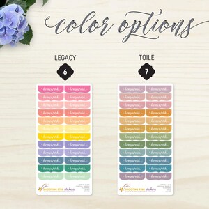 May include: Two sets of planner stickers with the word "homework" in cursive. One set, "Legacy," features pink, orange, yellow, purple, and green stickers. The other set, "Toile," has similar colors. The text "color options" is at the top.
