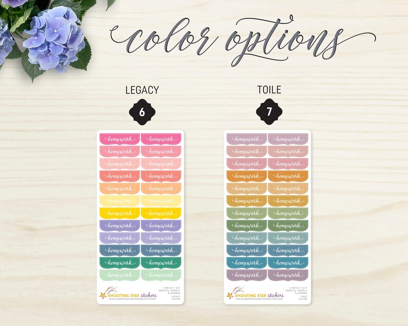 May include: Two sets of planner stickers with the word "homework" in cursive. One set, "Legacy," features pink, orange, yellow, purple, and green stickers. The other set, "Toile," has similar colors. The text "color options" is at the top.