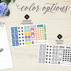 K&ouml;nnte beinhalten: Zwei Stickerb&ouml;gen mit Symbolen und Texten zum Thema Auto, beschriftet mit "Rainbow Assortment" und "Neutral (Gray)". Das Regenbogen-Set enth&auml;lt blaue, orangefarbene, gelbe und gr&uuml;ne Aufkleber. Das graue Set hat schwarze und graue Aufkleber. Ein Kalender und ein Stift sind ebenfalls sichtbar.