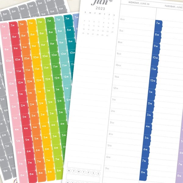 Time Strips for Erin Condren 7x9 Hourly Planners - 2024 EC colors, 7am - 8am - 9am start, custom hours time stickers, EC daily planner