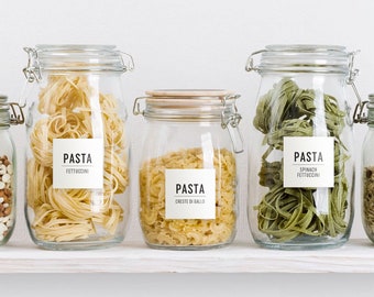 Etiquetas minimalistas para despensa: etiquetas modernas e impermeables para frascos cuadrados, colores y texto personalizados.