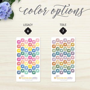 May include: Two sticker sheets with airplane designs in different colour palettes. One sheet features vibrant colours, the other has muted tones. The text "color options", "LEGACY", and "TOILE" are visible. The stickers are from "SHOOTING STAR stickers".