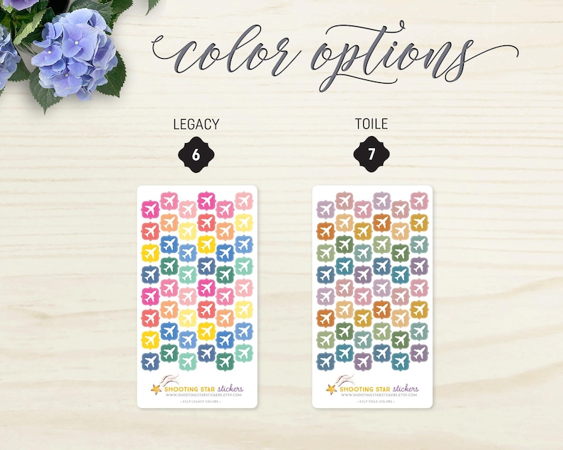 May include: Two sticker sheets with airplane designs in different colour palettes. One sheet features vibrant colours, the other has muted tones. The text "color options", "LEGACY", and "TOILE" are visible. The stickers are from "SHOOTING STAR stickers".