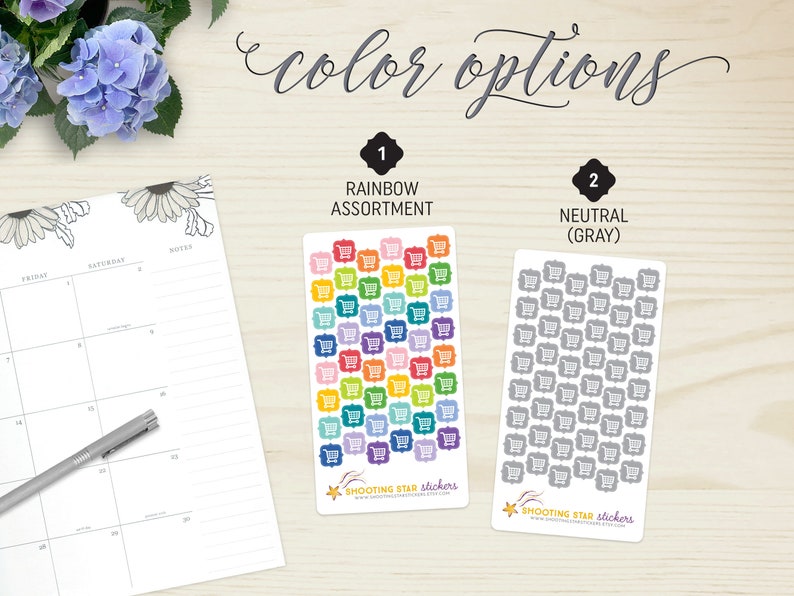 May include: Two sticker sheets with shopping cart designs. One sheet features a rainbow assortment of colourful carts, while the other displays grey carts. The text "color options" is at the top. The brand name "Shooting Star Stickers" is at the bottom.