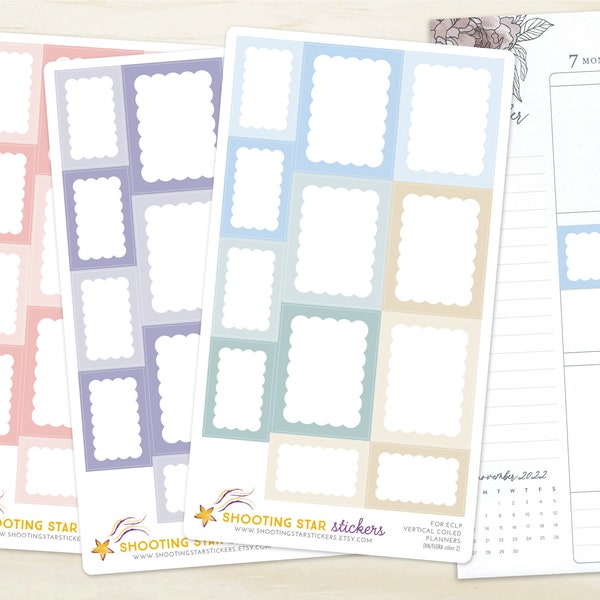 Planner Boxes Sticker Set - for ECLP "Harmony Neutral" or "Flora" Vertical 7x9 - full and half box set - scalloped frame border, neutral