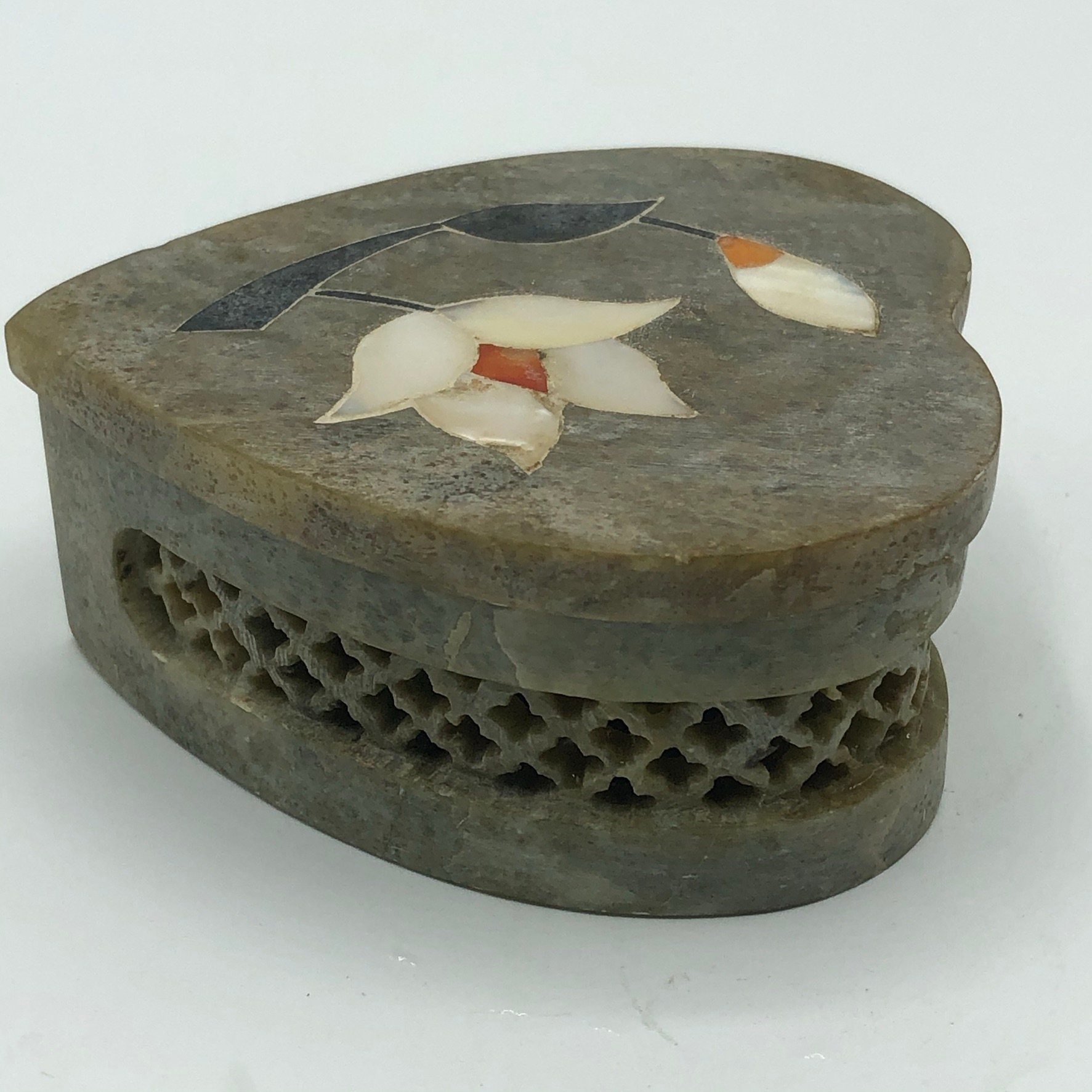 Vintage Soapstone Trinket Box heart with Floral Inlay Made in Etsy