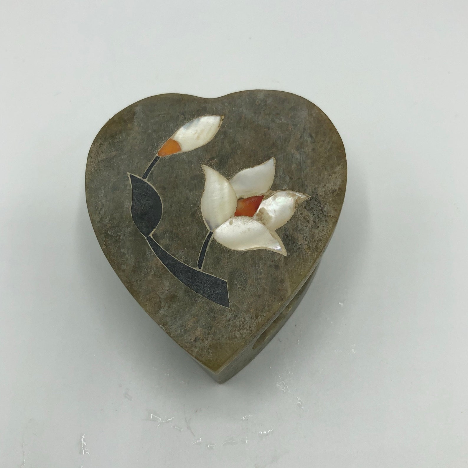 Vintage Soapstone Trinket Box heart with Floral Inlay Made in Etsy