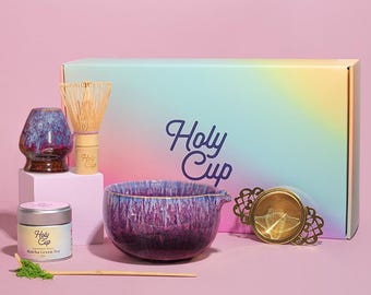Set de regalo ceremonial de matcha – con batidor de bambú japonés, cuenco de cerámica y matcha orgánico – Esmalte amatista