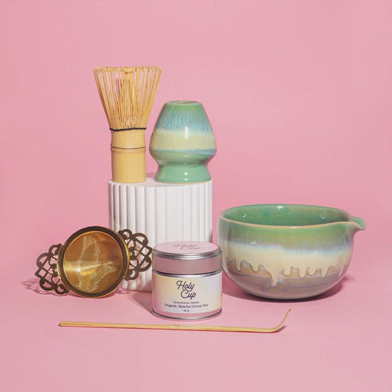 Matcha-Tee-Set Aus Keramik – Inkl. Schale, Bambusbesen, Sieb & Löffel, Pink, Für Zu Hause
