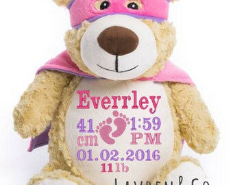 Personalised teddy, Stuffie, Pink hero bear, Superhero, Cubbies, Personalised gift, Plush toy, Teddy keepsake, Embroidered toy, Girl teddy