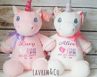 Animal en peluche personnalisé, cadeau bébé, peluche en peluche, licorne, souvenir personnalisé pour enfants, cadeau bébé, cadeau d’anniversaire, Cubbies