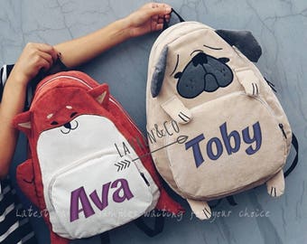 Personalised backpack, pug bag, pug backpack, fox backpack, pug, fox, foxy bag, pug dog, childs bag, adult bag, personalised pug gift, pugs