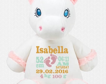 Personalised soft toy, Unicorn plush toy, Stuffed unicorn, birth announcement teddy, personalised blue unicorn, Plush unicorn toy, Cubbie