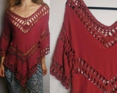 Bohemian Burnt Orange Crochet Knit Crop Top Size Small Womens Boho Beachwear Summer Festival Hippy Blouse