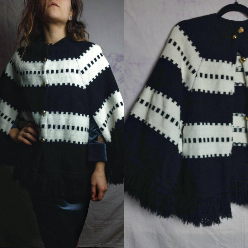 White Knit Poncho Womens Vintage Size SMMM Fringe Bohemian Mod Clothing Black