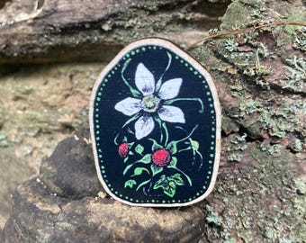 Thimbleberry blossom and berries wooden pin || berry season brooch || thimbleberry pin