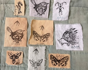 Soft hand printed patches, nature art hat patches, upcycled cotton patches, handmade nature punk patch, skull and flowers, moth, beetle