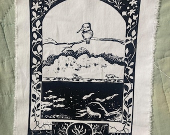 River friends large cotton patch || kingfisher, crawdad, tadpole, raccoon, berry bramble patch || silkscreened nature art patch