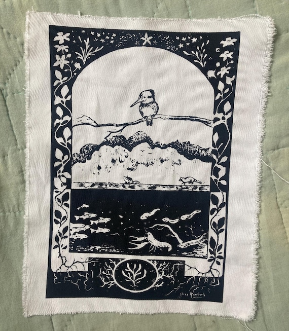 River friends large cotton patch || kingfisher, crawdad, tadpole, raccoon, berry bramble patch || silkscreened nature art patch